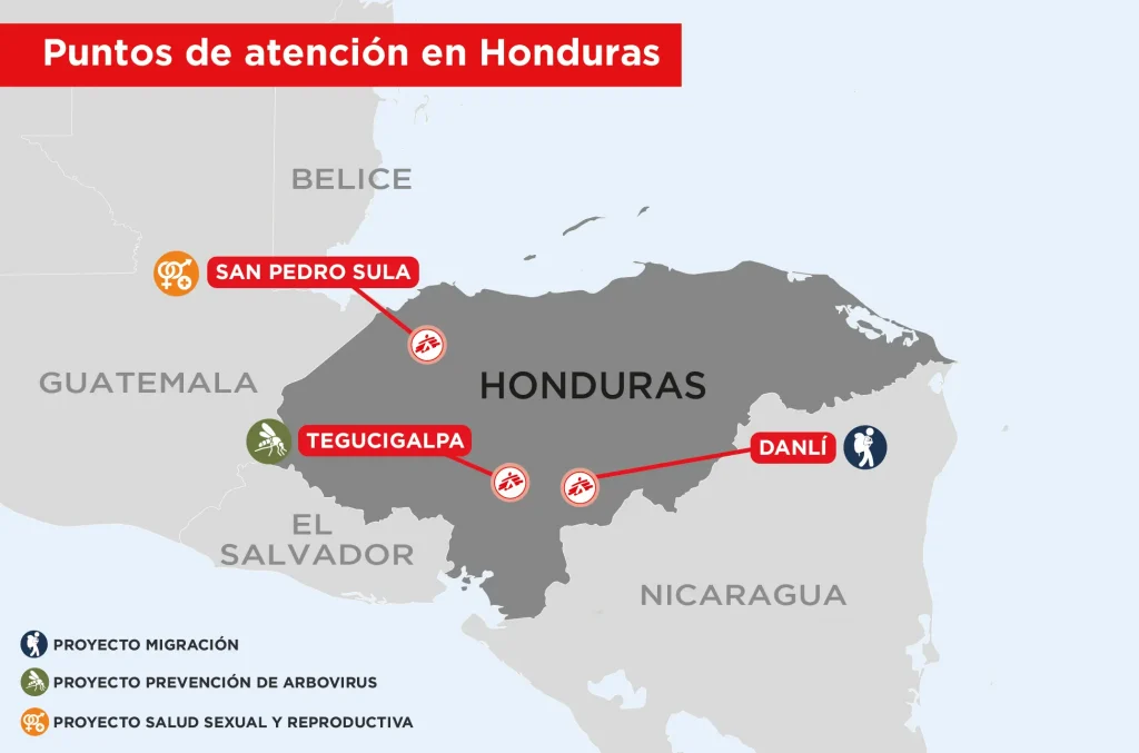 Mapa de lugares donde MSF trabaja en Honduras en 2025.