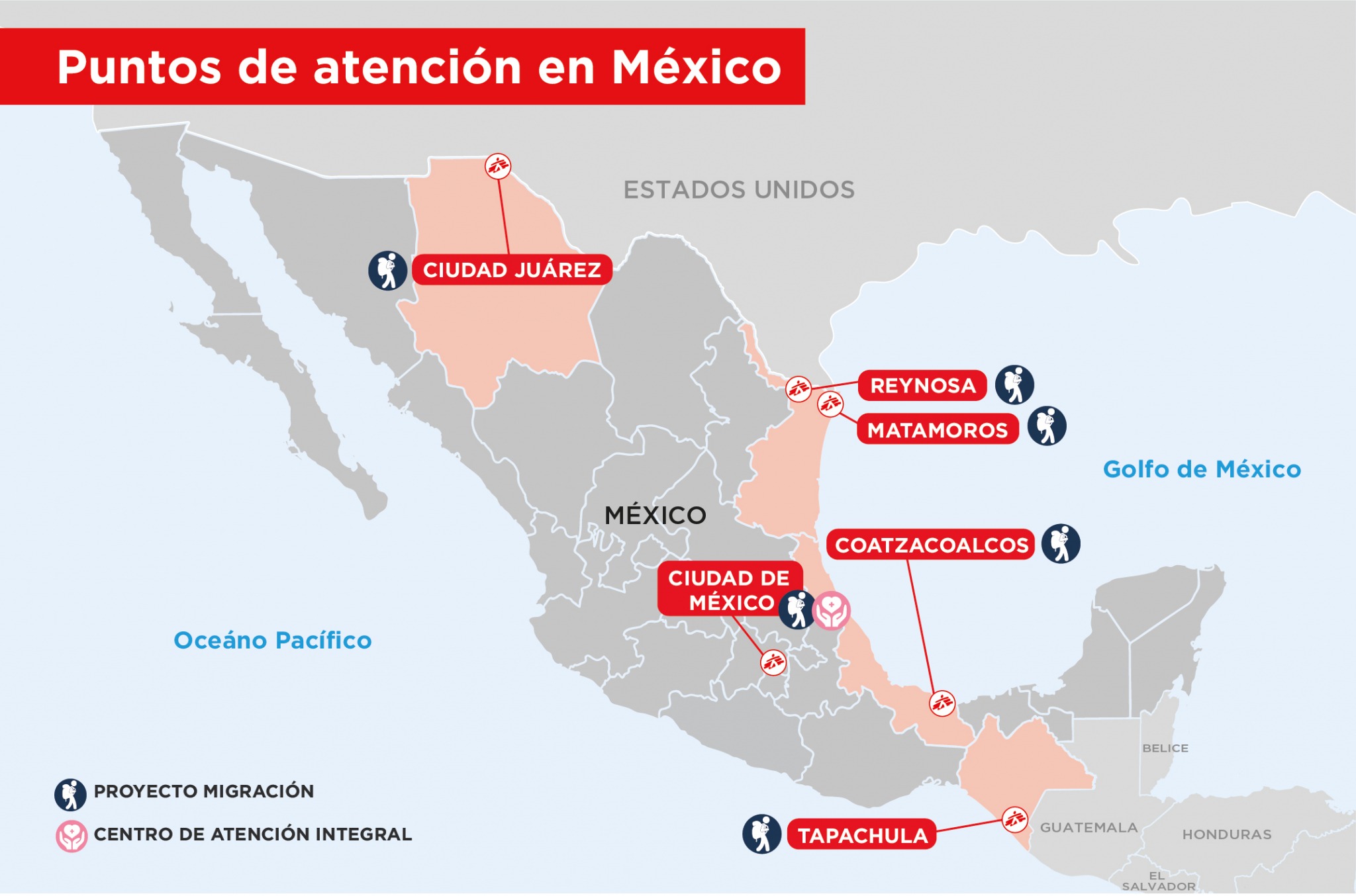 Puntos de atención de Médicos Sin Fronteras en México