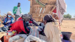 Un miembro de un equipo móvil de vacunación administra la vacuna contra la difteria a un niño durante un día de mercado en Mantcharné, Chad, noviembre de 2024.