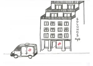 Boceto del centro de día de MSF en Atenas. Grecia, mayo de 2025.