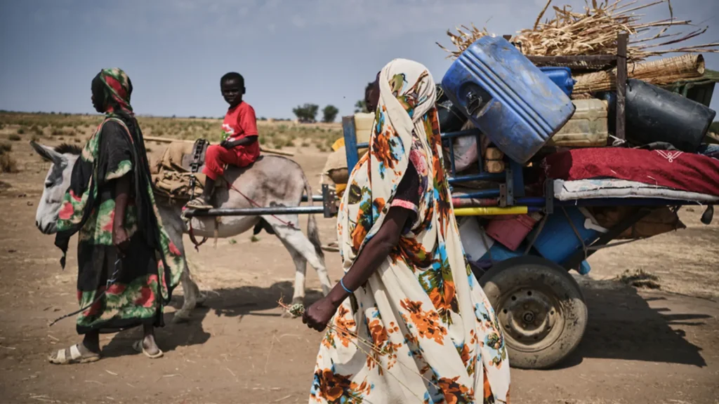 Una familia recién llegada a Jerbana, cerca de la frontera con Sudán, llega con todas sus pertenencias en una carreta tirada por burros. Este es el medio de transporte que utilizan la mayoría de los refugiados que cruzan a Sudán del Sur. Jerbana, Sudán del Sur, febrero de 2025.