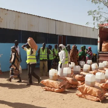 El personal distribuye alimentos en un centro de MSF para el tratamiento de la desnutrición en Darfur del Sur.