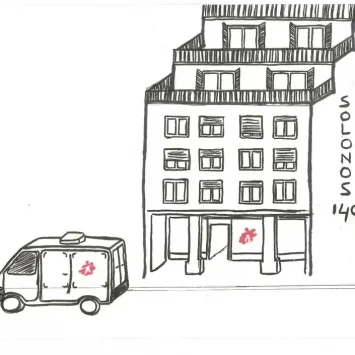 Boceto del centro de día de MSF en Atenas. Grecia, mayo de 2025.