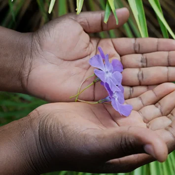 "La flor más grande es para mi hija Edvige: me gustaría volver a verla". Veronique lleva un pañuelo blanco en la cabeza con bordados dorados, se ve elegante.