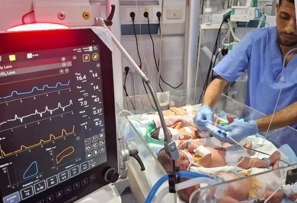 Varios bebés comparten una misma incubadora en la unidad de cuidados intensivos neonatales del hospital Al Helou, en el norte de Gaza, debido a la falta de incubadoras.