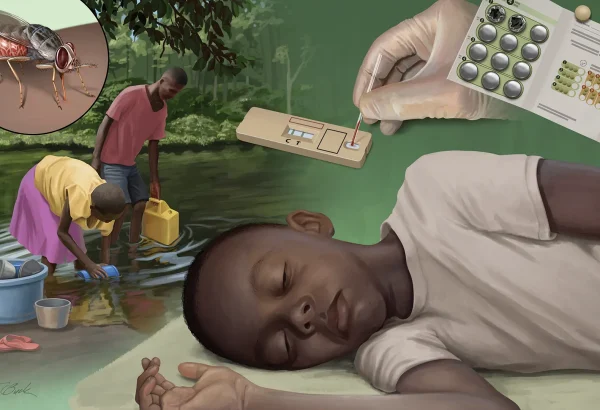 Niño con enfermedad del sueño, mosca tsé tsé, prueba rápida y medicación.