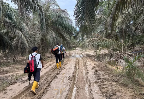 El equipo de MSF viajó a pie a zonas de difícil acceso durante una evaluación en el distrito de Aceh Tamiang, Indonesia.