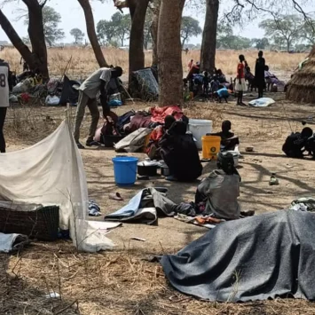 Las familias se refugian bajo los árboles en Nyatim, Estado de Jonglei, Sudán del Sur, donde las personas desplazadas viven al aire libre sin refugio adecuado, comida ni acceso a atención sanitaria básica tras huir de la violencia en Lankien y las zonas circundantes.